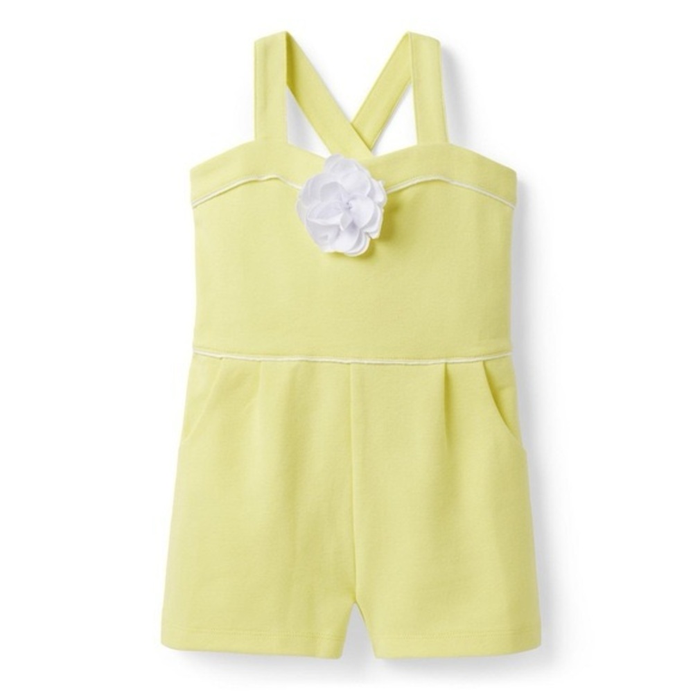 Janie and Jack Pale Yellow Cross-Back Romper with White Flower